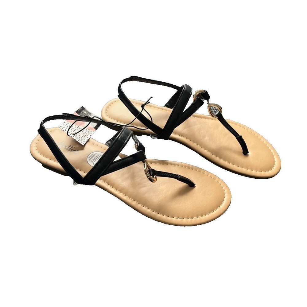 Chatties Black Sandal Ankle Strap Infinity Flats Faux Leather Size 7